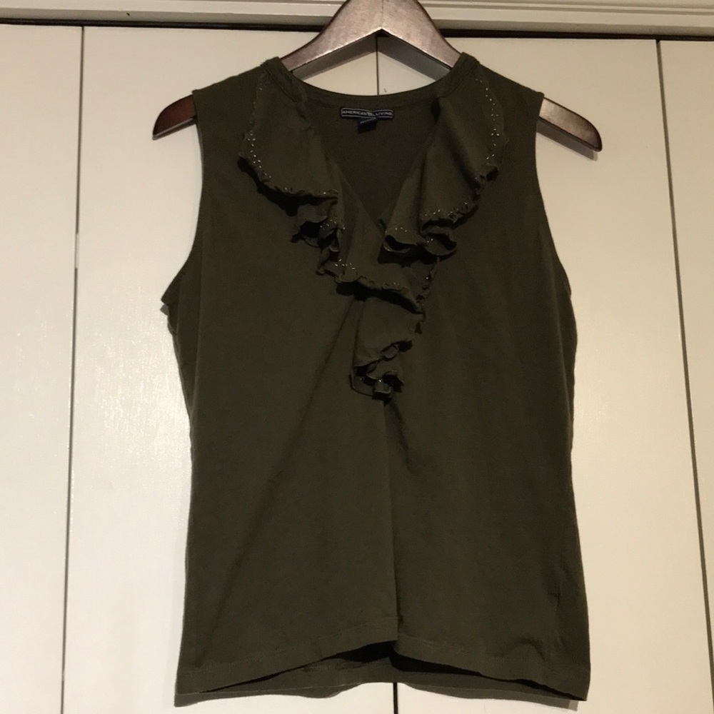 American Living Women's Olive Ruffle Neck Sleeveless Cotton Blouse Top Size L - Picture 8 of 16